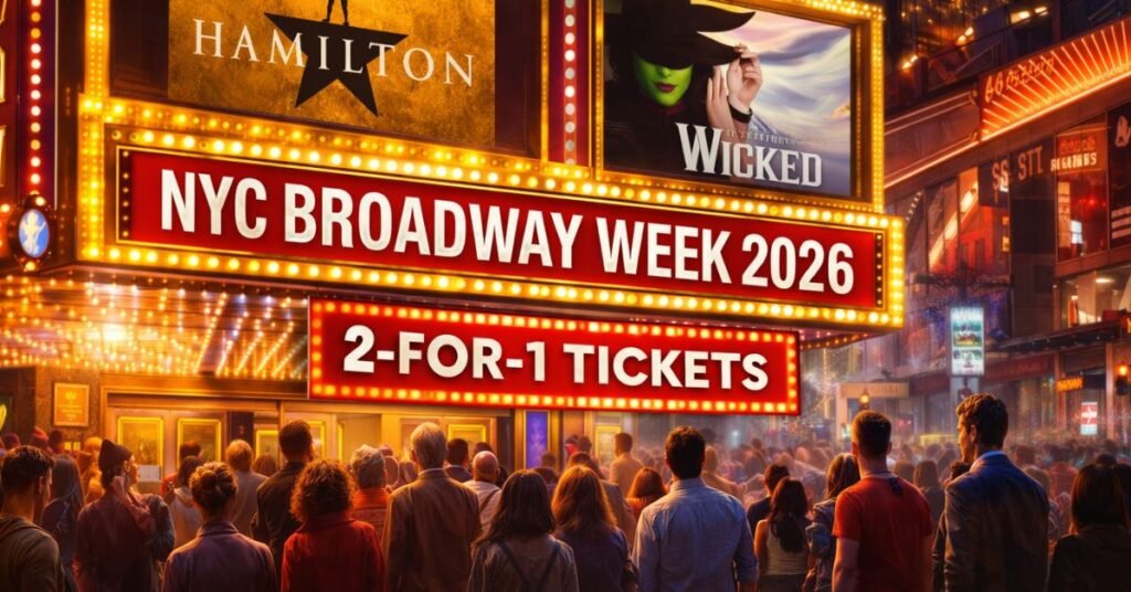 NYC Broadway Week 2026 promotional image showing glowing Broadway marquee lights at night, “2-for-1 Tickets” text, and theatergoers entering a venue with Hamilton and Wicked highlighted.