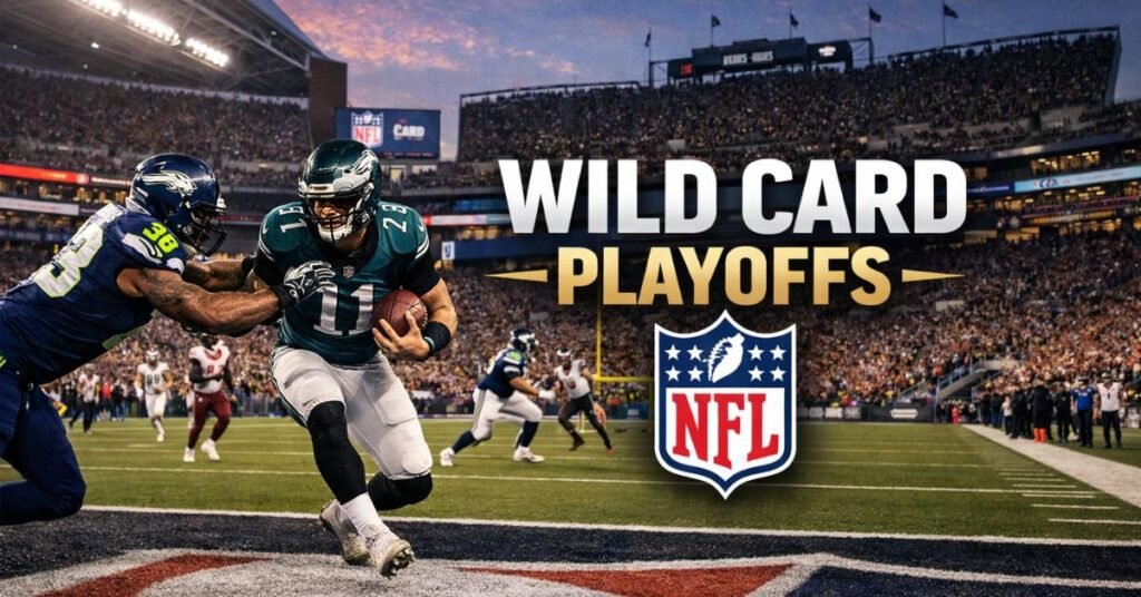 NFL Wild Card playoff game in a packed stadium as players collide near the end zone under evening lights