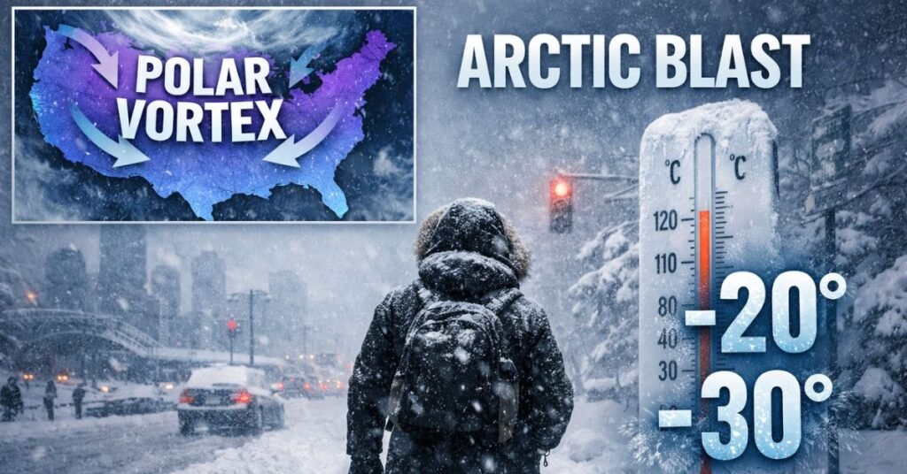 A person walks through a heavy snowstorm in a U.S. city as a polar vortex drives Arctic cold, with a temperature graphic showing subzero wind chills and a map highlighting the affected regions.