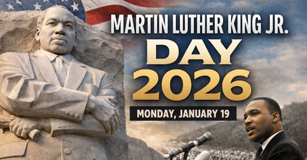 Featured image showing Martin Luther King Jr. memorial statue and archival photo of Dr. King speaking, marking Martin Luther King Jr. Day 2026 on Monday, January 19.