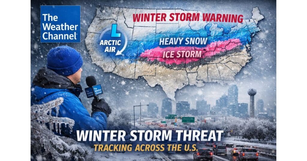 Weather Channel graphic shows a winter storm system spreading snow, sleet, and ice across the United States, with Arctic air pushing into North Texas and surrounding regions.