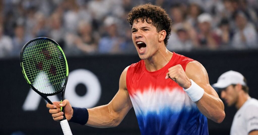 American tennis player Ben Shelton celebrates after defeating Casper Ruud at the Australian Open in Melbourne, advancing to the quarterfinals.