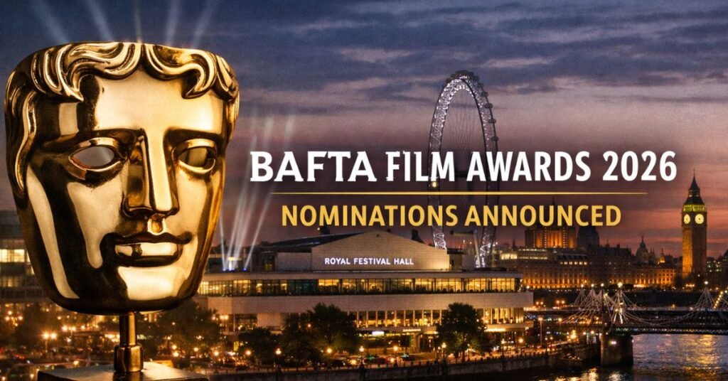 BAFTA Film Awards 2026 nominations announced at London’s Royal Festival Hall with BAFTA mask trophy in the foreground and the London skyline at night.