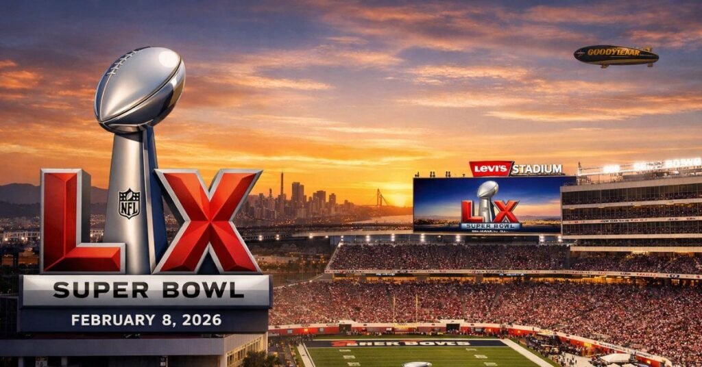 Super Bowl Sunday 2026 featured image showing Levi’s Stadium in Santa Clara, California, set for Super Bowl LX with the Vince Lombardi Trophy and packed stands.