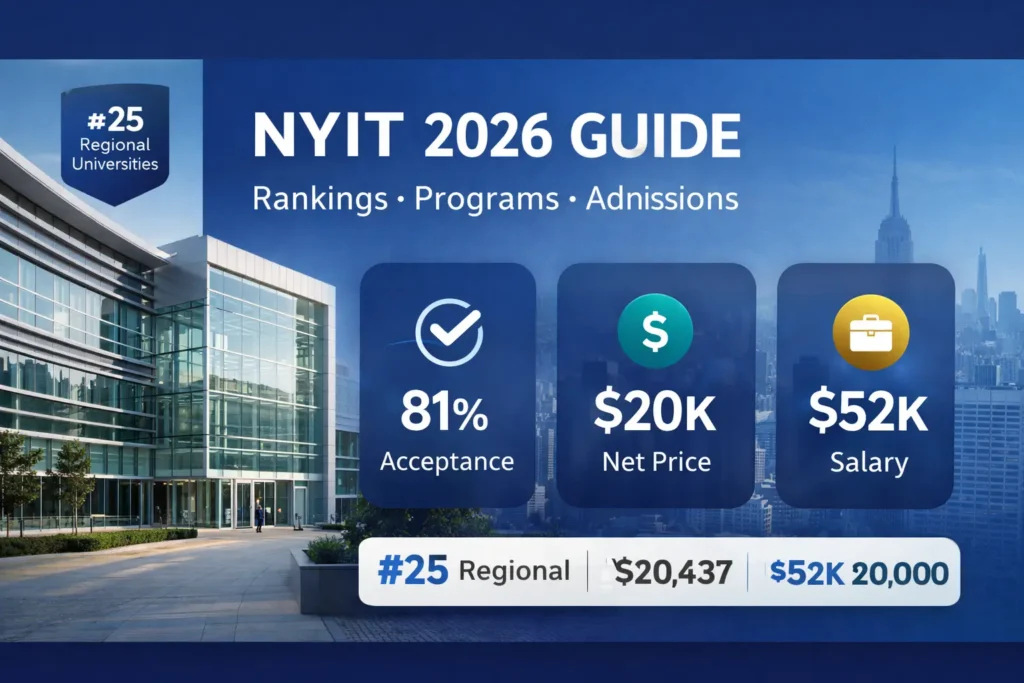 NYIT 2026 guide featured image showing New York Institute of Technology campus, rankings, admissions statistics, and career outcomes with New York City skyline in the background.