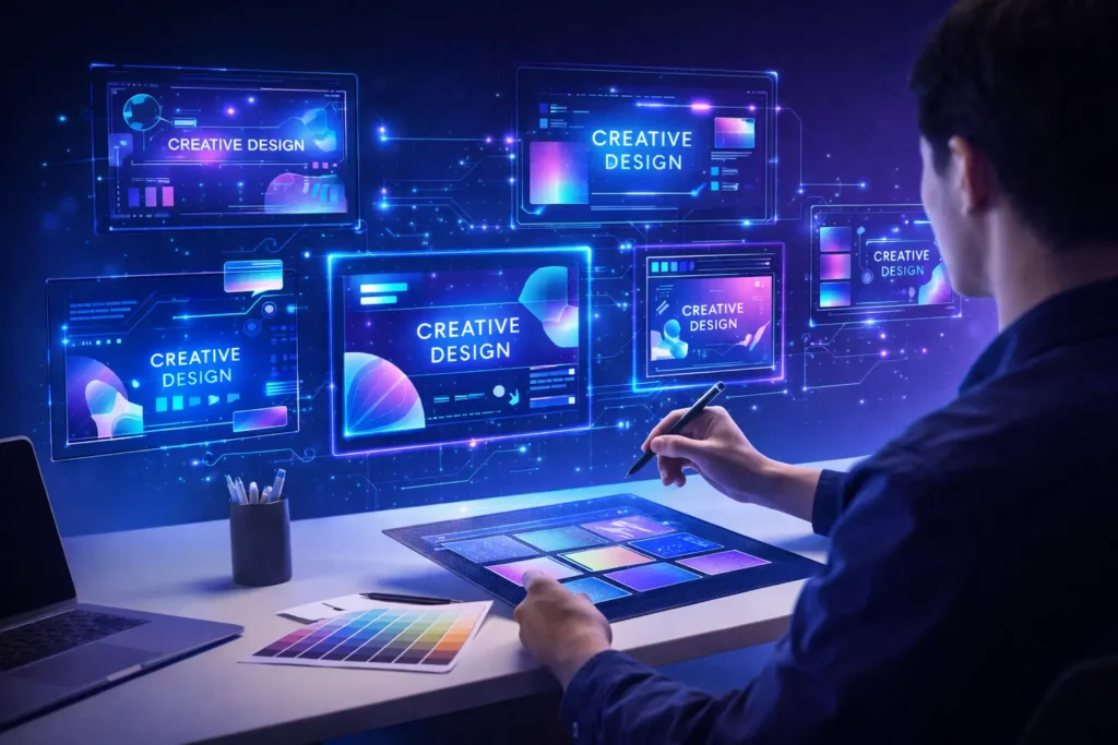 Modern workspace scene showing AI design in action, with a designer using holographic artificial intelligence interfaces to create multiple digital design variations.