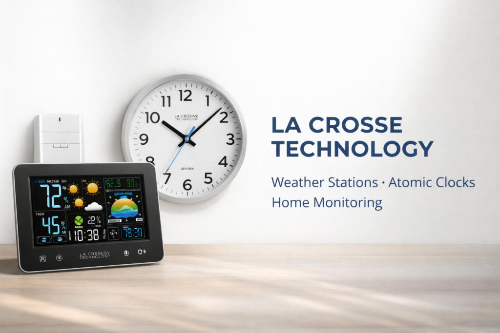 La Crosse Technology wireless weather station and atomic wall clock displayed on a modern home surface, showing temperature, humidity, and weather forecast on a color LCD screen in a clean product showcase setting.