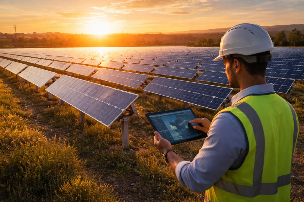 Array Technologies (ARRY) utility-scale solar tracker solutions installed across a large solar farm with tracking panels.