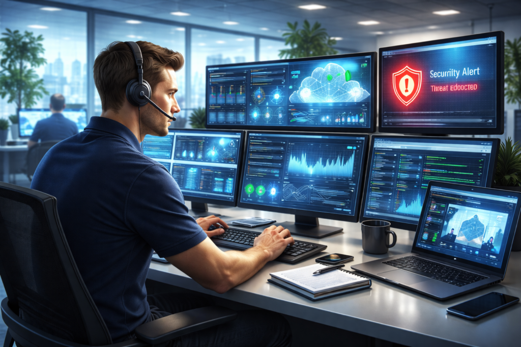 Technology support professional managing IT systems, cybersecurity alerts, and remote troubleshooting in a modern helpdesk environment.