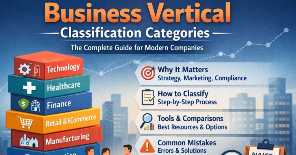 Business vertical classification categories infographic showing technology, healthcare, finance, retail, manufacturing, and education sectors