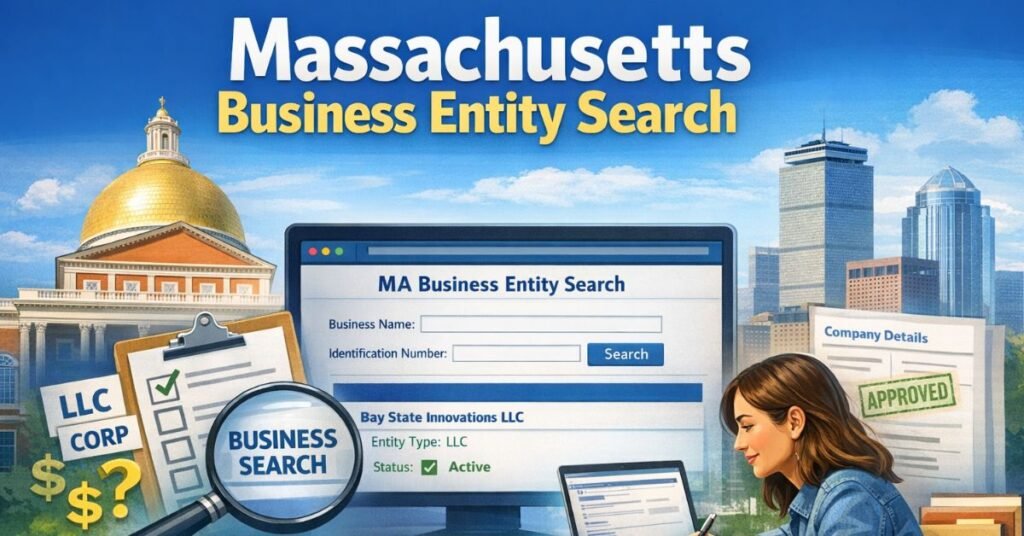 Massachusetts business entity search illustration showing LLC name lookup, company verification, and corporate registry results on a computer screen.