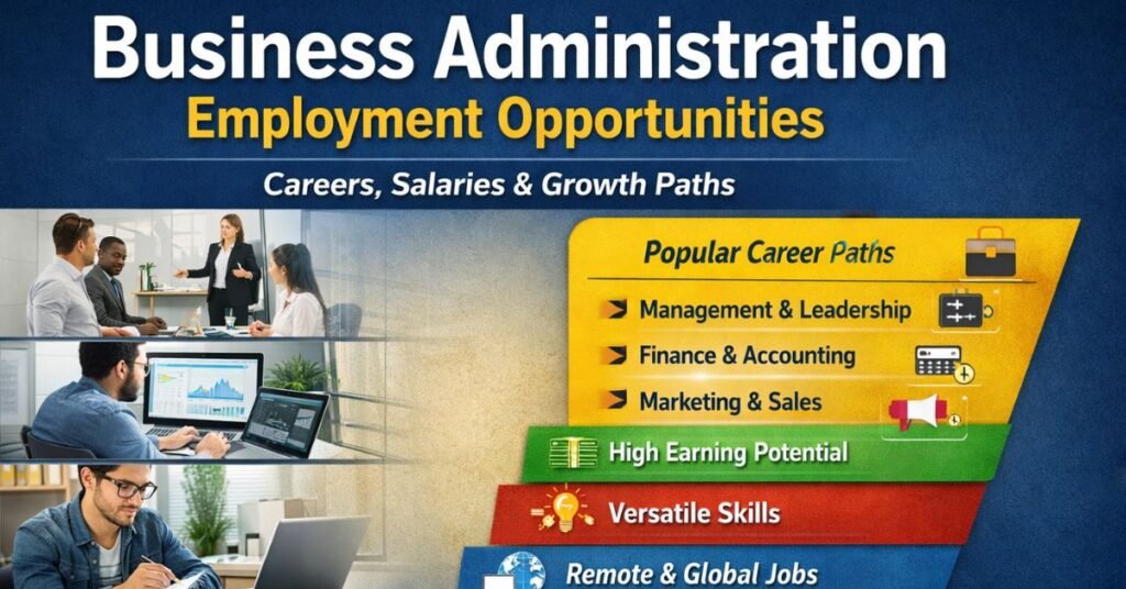 Business administration employment opportunities infographic showing career paths, salaries, and growth options