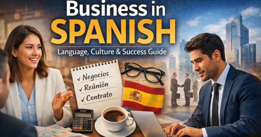 Business in Spanish guide featuring professionals in a meeting, Spanish vocabulary notes, and global business symbols