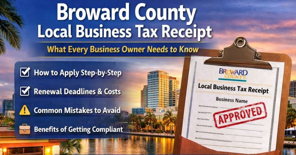 “Broward County local business tax receipt guide with approved certificate, city skyline background, and key steps for business owners in Florida.”