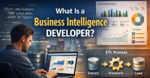 Business intelligence developer analyzing data dashboard with SQL code, sales charts, and ETL process visualization on screen in modern office setting
