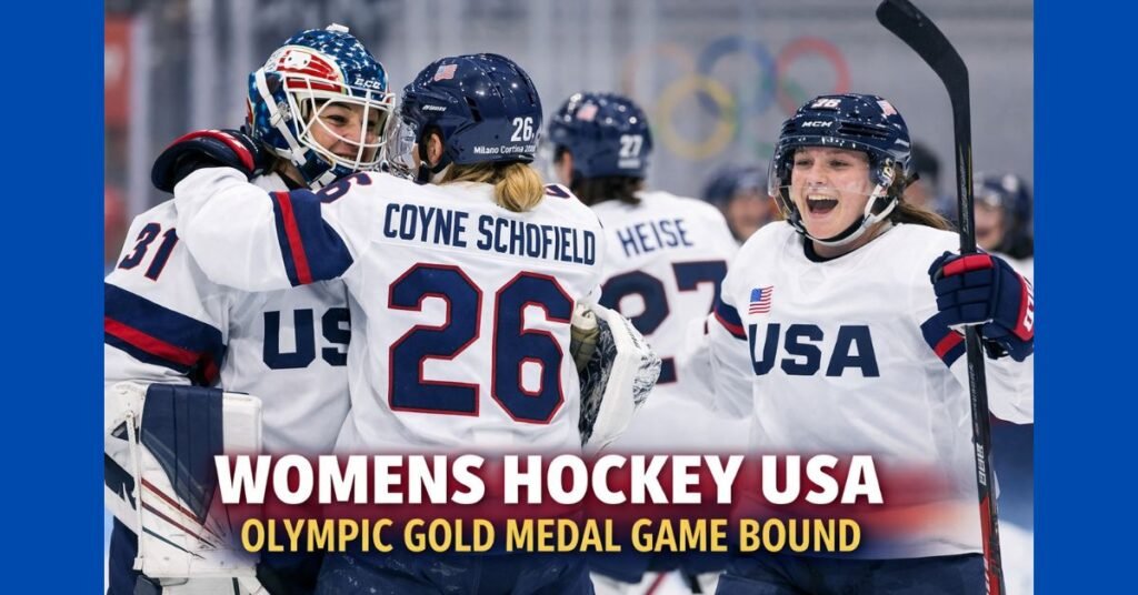 US women’s ice hockey players celebrate on the rink after a semifinal victory at the Winter Olympics, advancing to the gold medal game.