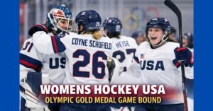 US women’s ice hockey players celebrate on the rink after a semifinal victory at the Winter Olympics, advancing to the gold medal game.