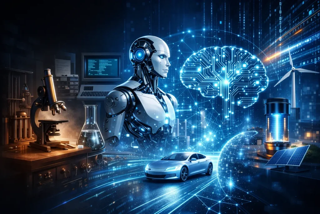 MIT technology past present and future concept showing historic research, modern AI innovation, and futuristic scientific advancement.