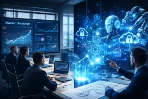 Technology disruptions concept showing digital transformation, AI, automation, and strategies to future-proof your business.