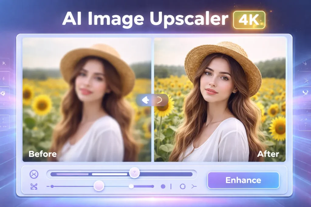 AI image upscaler enlarging a blurry photo into sharp 4K resolution with before and after comparison.