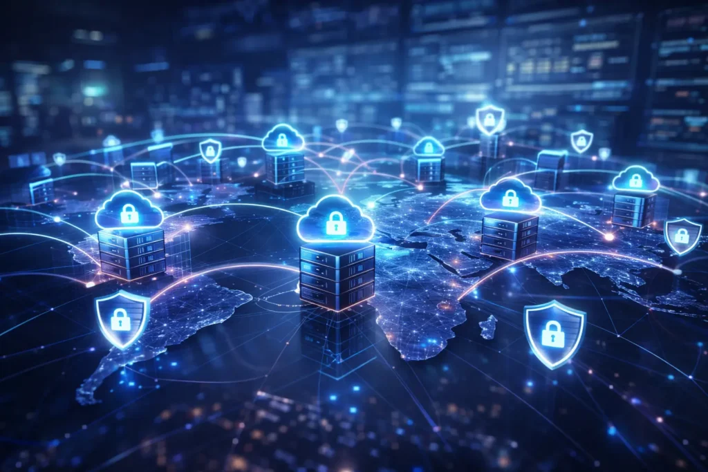 Akamai Technology global CDN and cloud security network visualized with connected servers and cybersecurity elements.