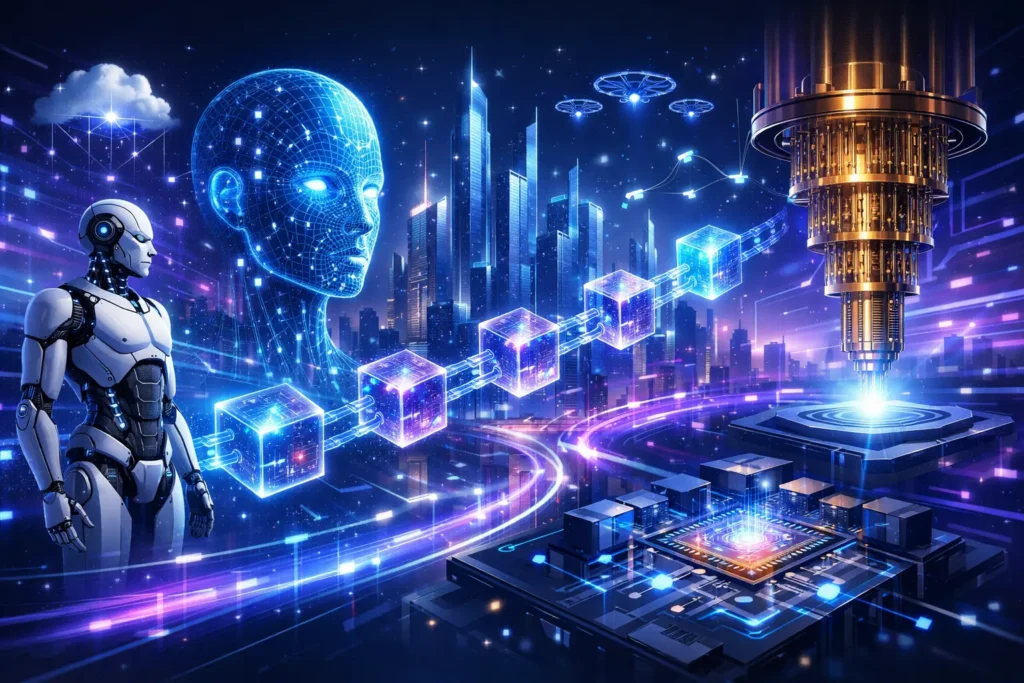 Emerging technologies concept illustration featuring AI, robotics, blockchain, and quantum computing networks in a futuristic digital environment.