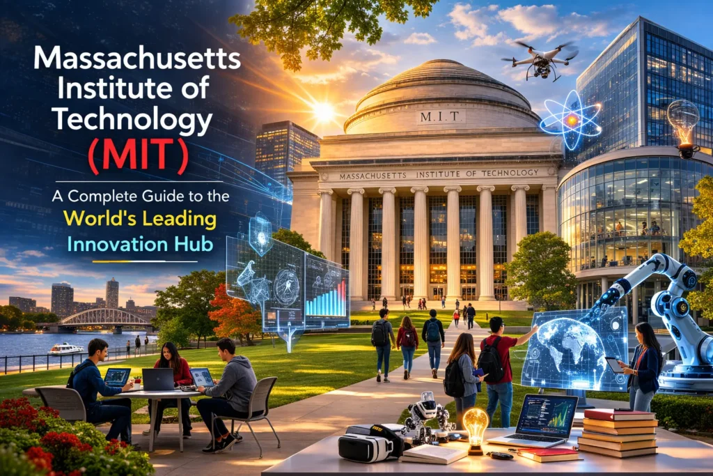 Massachusetts Institute of Technology MIT campus with the Great Dome and students walking near the Charles River