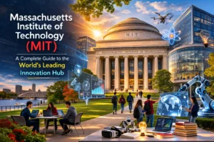 Massachusetts Institute of Technology MIT campus with the Great Dome and students walking near the Charles River