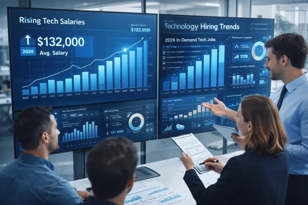 Robert Half Technology 2026 report showing tech salary trends and in-demand technology jobs on digital dashboard