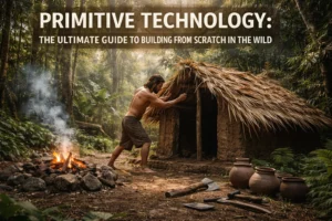 Person using primitive technology to build a mud and wood shelter in the forest with handmade tools and a small fire.