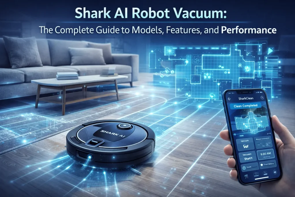 Shark AI robot vacuum cleaning a modern living room floor with smart mapping technology