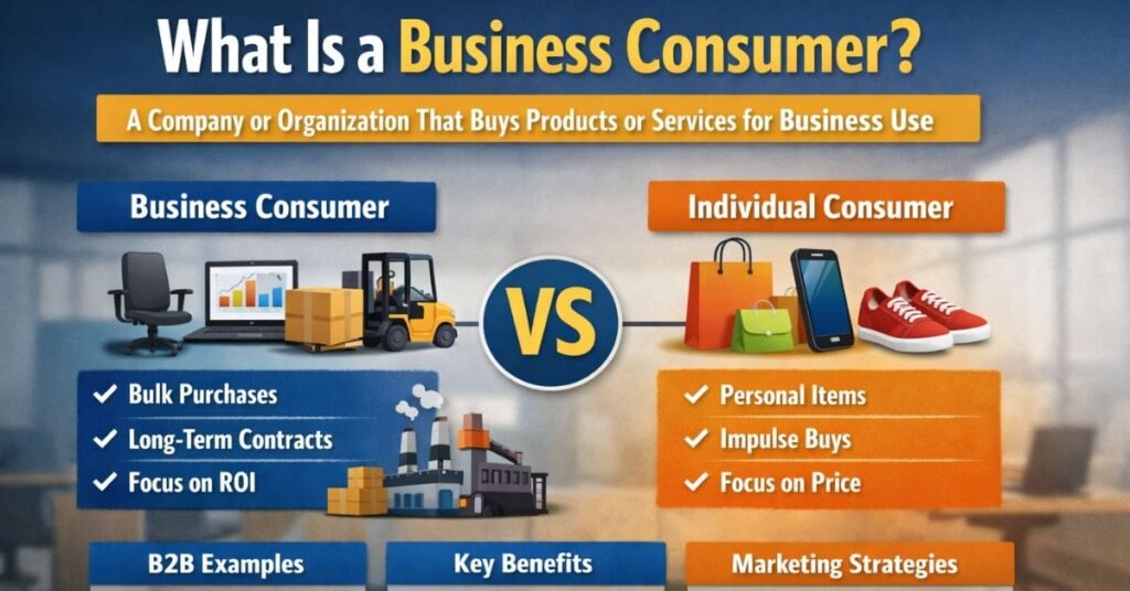 Infographic comparing business consumers vs individual consumers showing bulk purchases, ROI focus, and personal buying behavior
