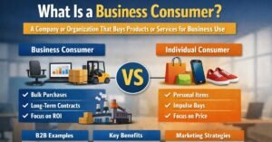 Infographic comparing business consumers vs individual consumers showing bulk purchases, ROI focus, and personal buying behavior