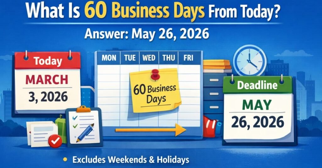 what is 60 business days from today infographic showing March 3, 2026 to May 26, 2026 business day calculation excluding weekends and holidays on a calendar timeline