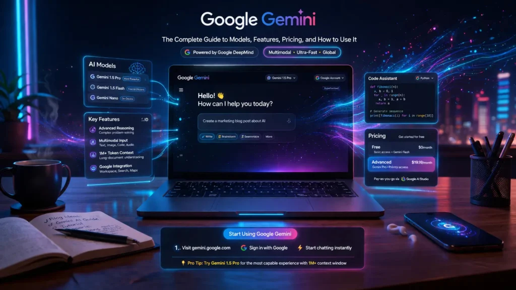 Google Gemini AI interface on a laptop showing models, features, and tools for content creation and productivity