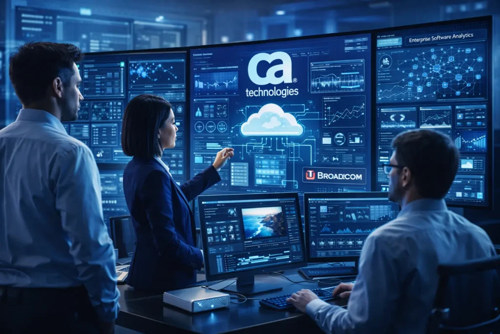 CA Technologies enterprise software concept showing IT professionals analyzing cloud computing dashboards and enterprise data systems.