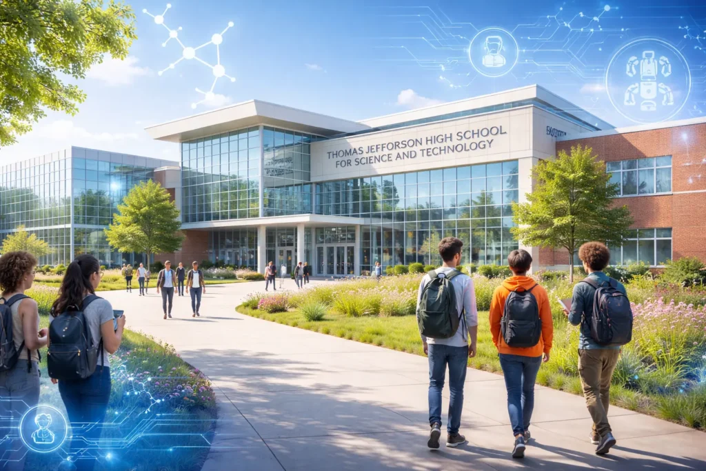 Thomas Jefferson High School for Science and Technology campus showing a modern STEM-focused school environment with students and advanced science learning atmosphere.
