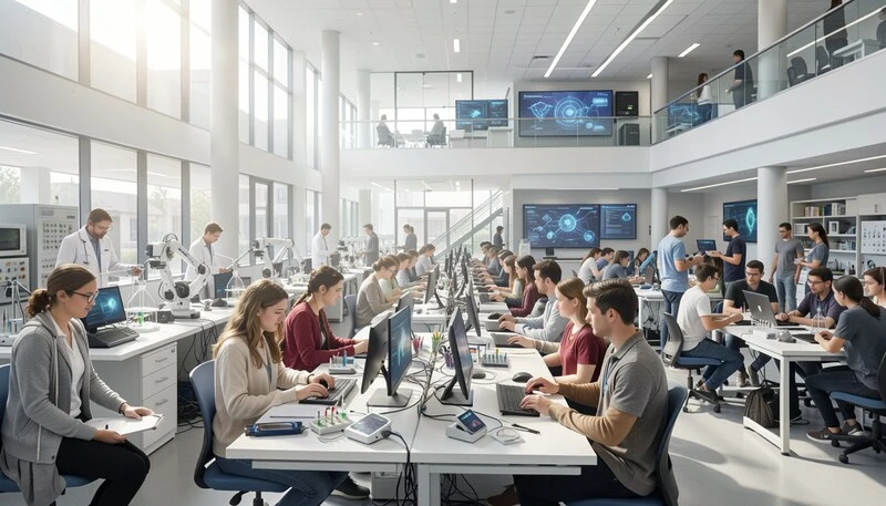 Students exploring science and technology schools, engaging in STEM learning and innovation activities.