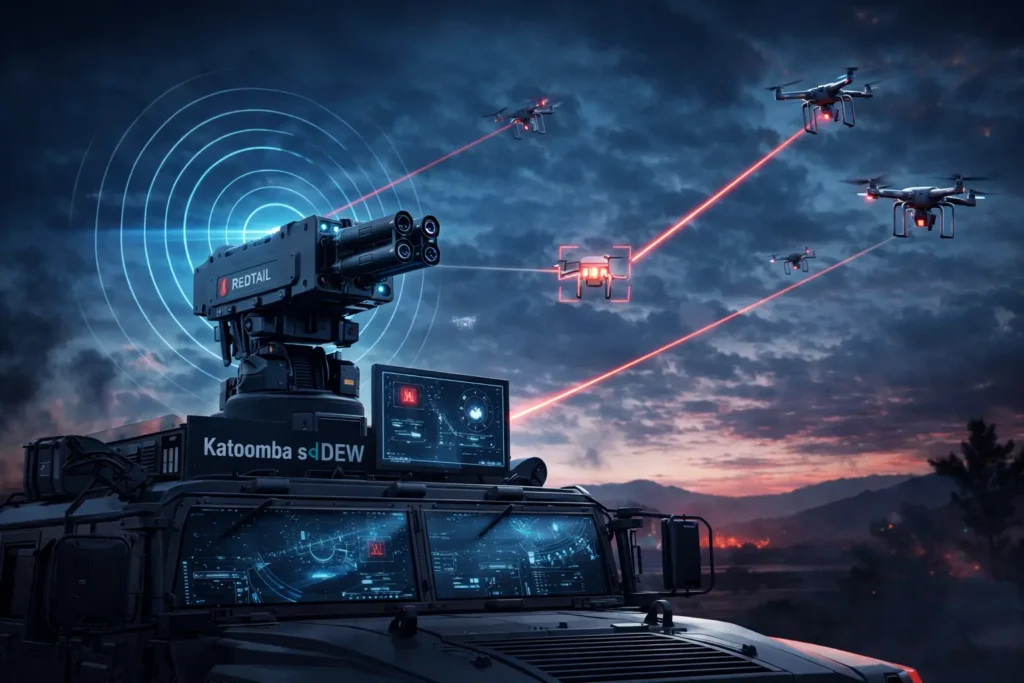 Katoomba sDEW autonomous counter-drone system by RedTail Technology detecting and targeting drones in defense scenario