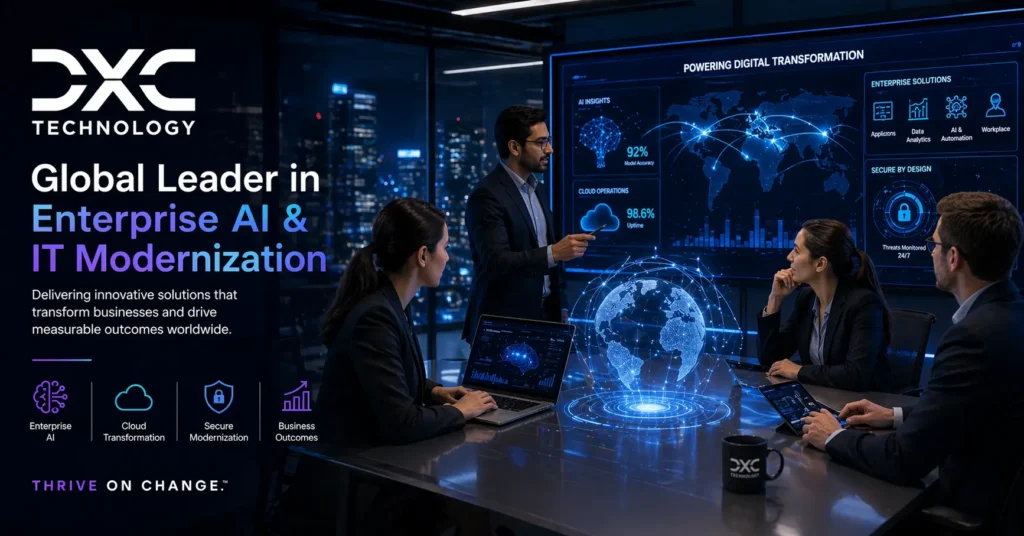 DXC Technology enterprise AI and IT modernization professionals working with advanced digital dashboards and cloud systems