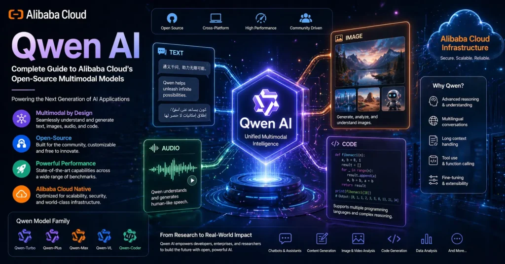 Qwen AI multimodal models by Alibaba Cloud generating text, images, and code in a futuristic AI system
