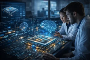 NVIDIA AI design chips visualized with AI-driven semiconductor architecture and futuristic circuit board technology