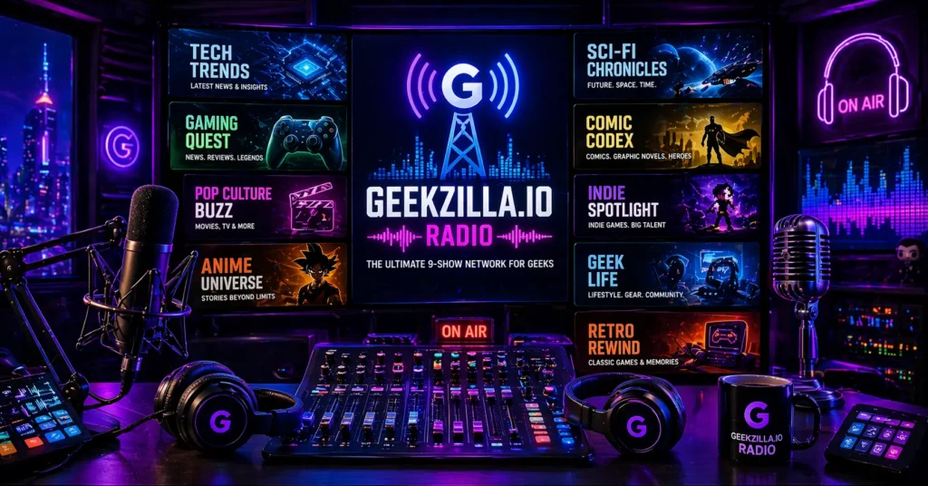 Geekzilla.io Radio futuristic studio with microphones, audio mixer, and digital screens representing a multi-show geek audio network
