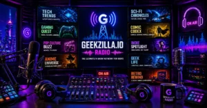 Geekzilla.io Radio futuristic studio with microphones, audio mixer, and digital screens representing a multi-show geek audio network
