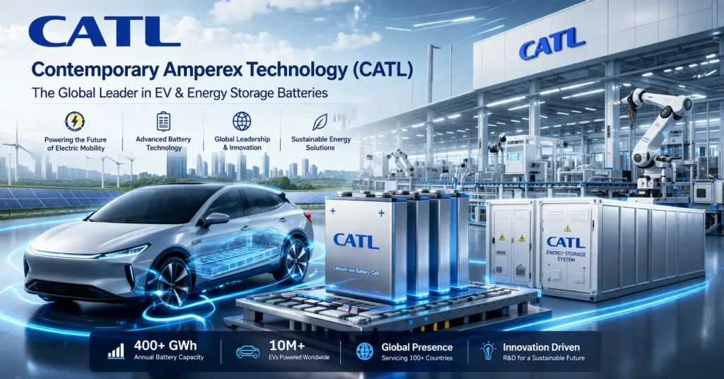 Contemporary Amperex Technology CATL EV and energy storage battery systems in a futuristic industrial setting